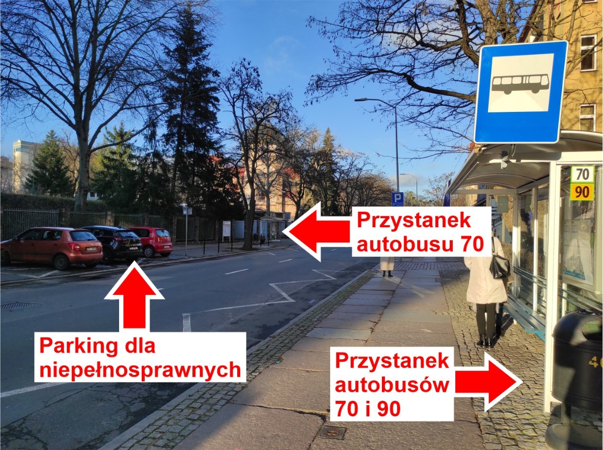 Ulica Starzyńskiego, po lewej parking dla niepełnosprawnych, po prawej przystanek autobusów 70 i 90, w tyle po lewej przystanek autobusu 70.