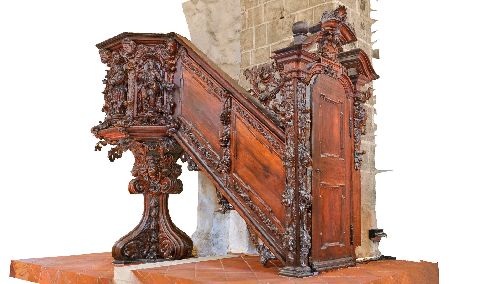 Widok ambony z poziomu człowieka od strony ołtarza (strona południowo-wschodnia).