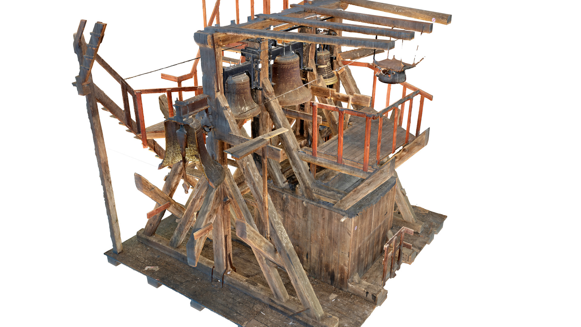 Widok wsporczej konstrukcji ciesielskiej dla zestawu 4 dzwonów, tak zwanego