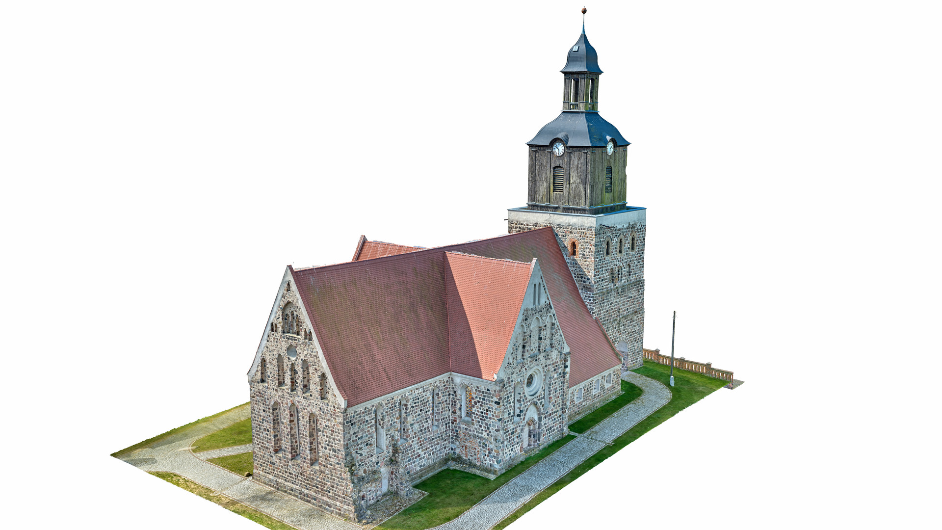 Widok modelu kościoła z perspektywy ptasiej od stromy północno wschodniej.