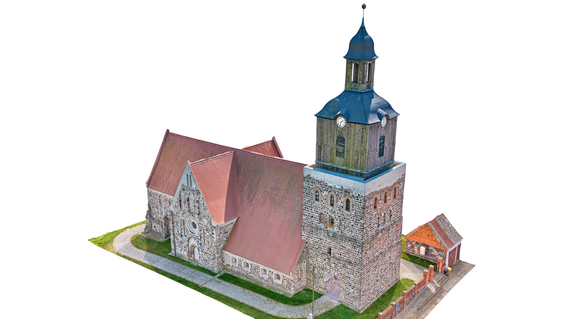 Widok modelu kościoła z perspektywy ptasiej od stromy północno zachodniej.