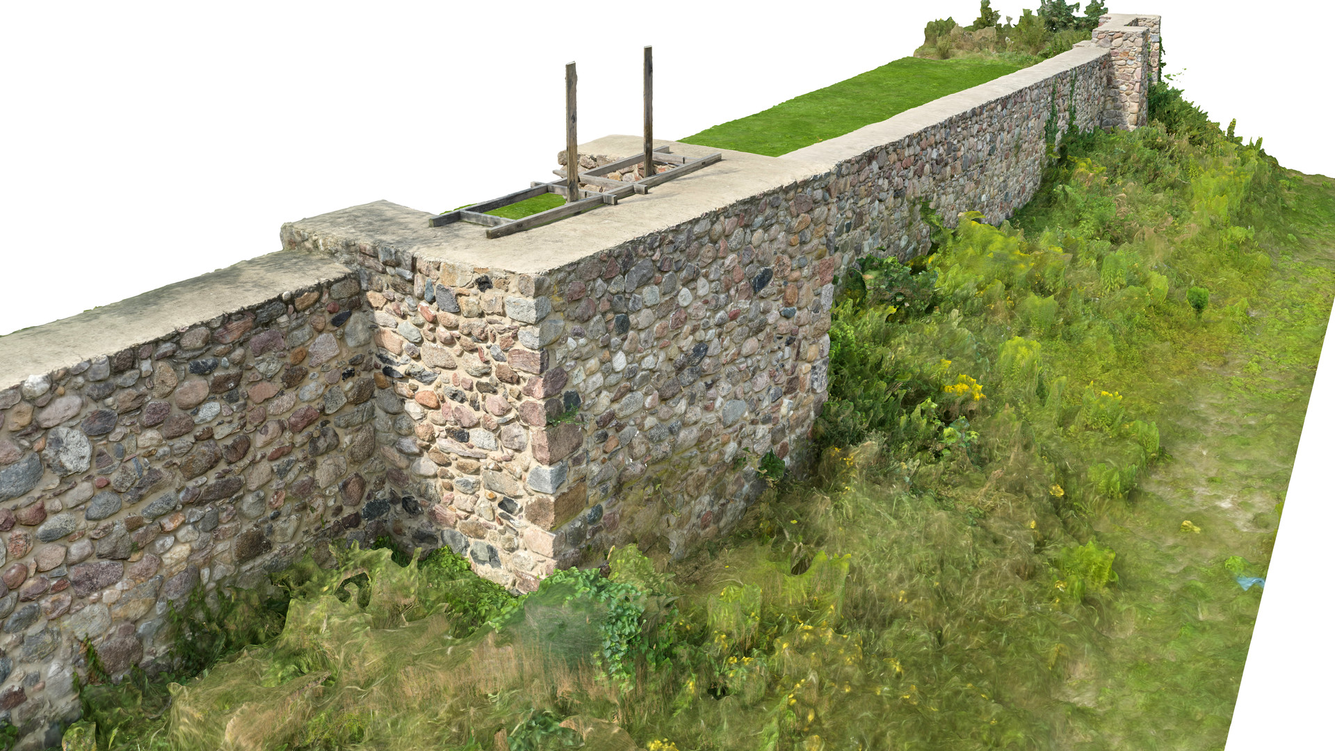 Widok modelu baszty łupinowej (półbaszty) z perspektywy ptasiej od strony południowo-wschodniej. Jedna z 27 zachowanych w obwodzie murów czatowni.