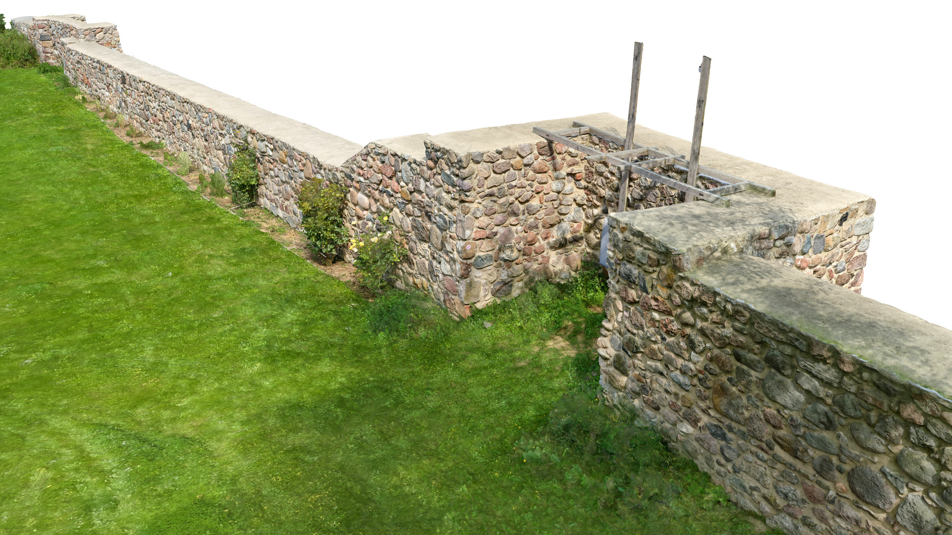 Widok modelu baszty łupinowej (półbaszty) z perspektywy ptasiej od strony południowo-zachodniej. Jedna z 27 zachowanych w obwodzie murów czatowni.