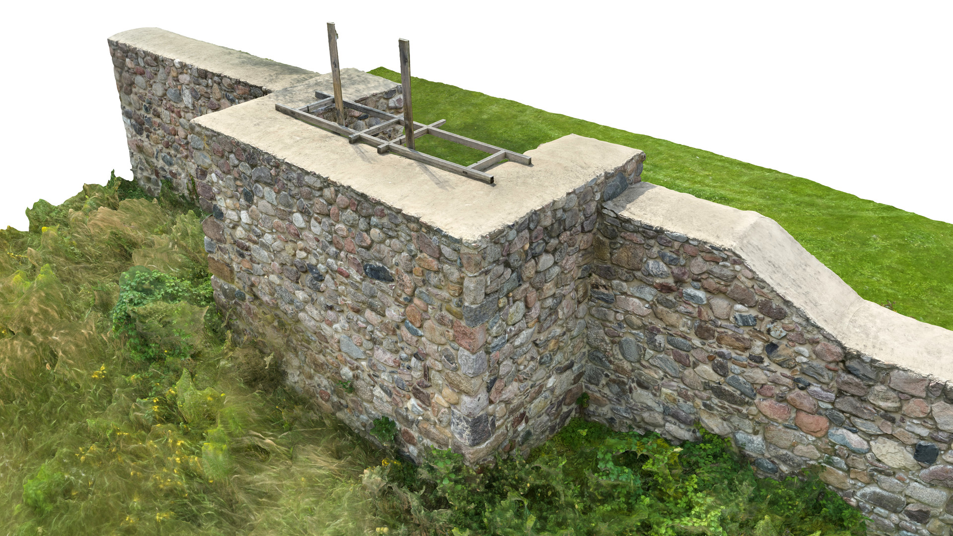 Widok modelu baszty łupinowej (półbaszty) z perspektywy ptasiej od strony północno-wschodniej. Jedna z 27 zachowanych w obwodzie murów czatowni.