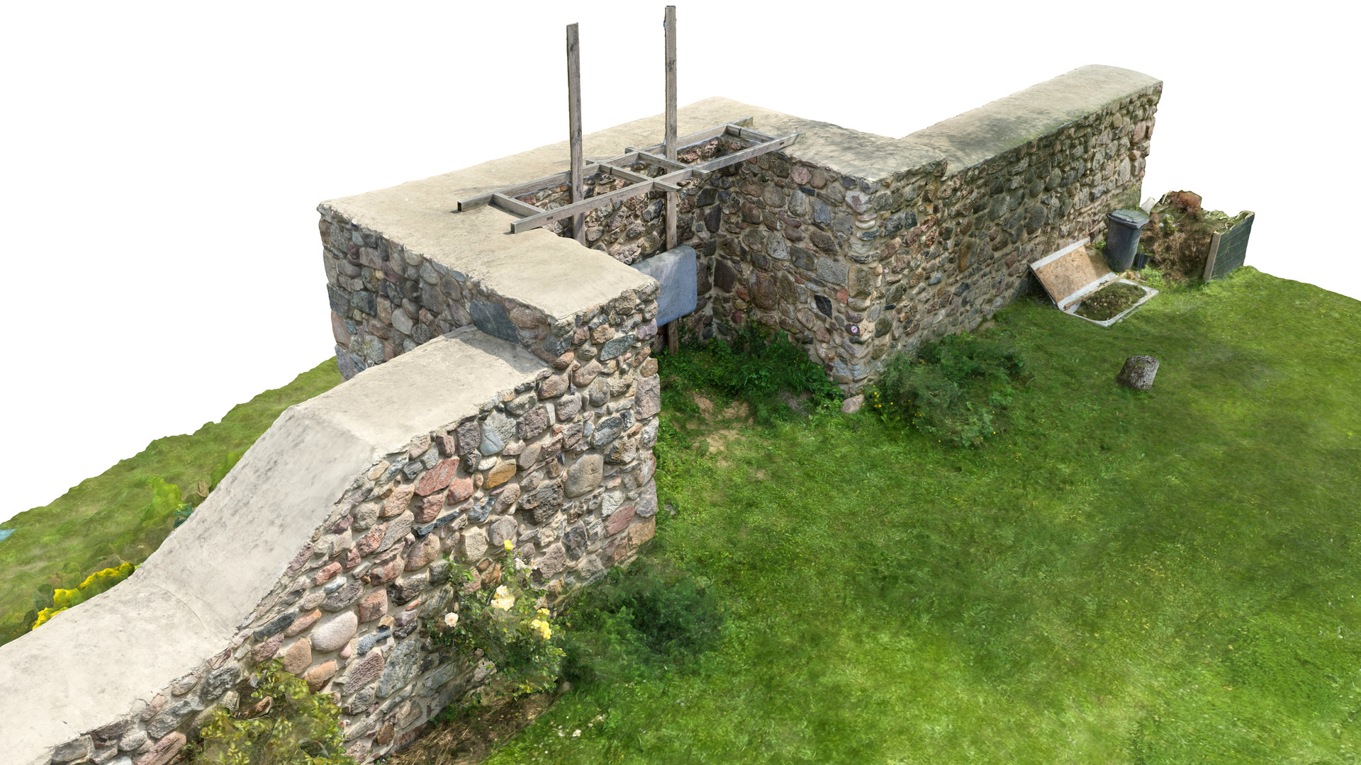 Widok modelu baszty łupinowej (półbaszty) z perspektywy ptasiej od strony północno-zachodniej. Jedna z 27 zachowanych w obwodzie murów czatowni.