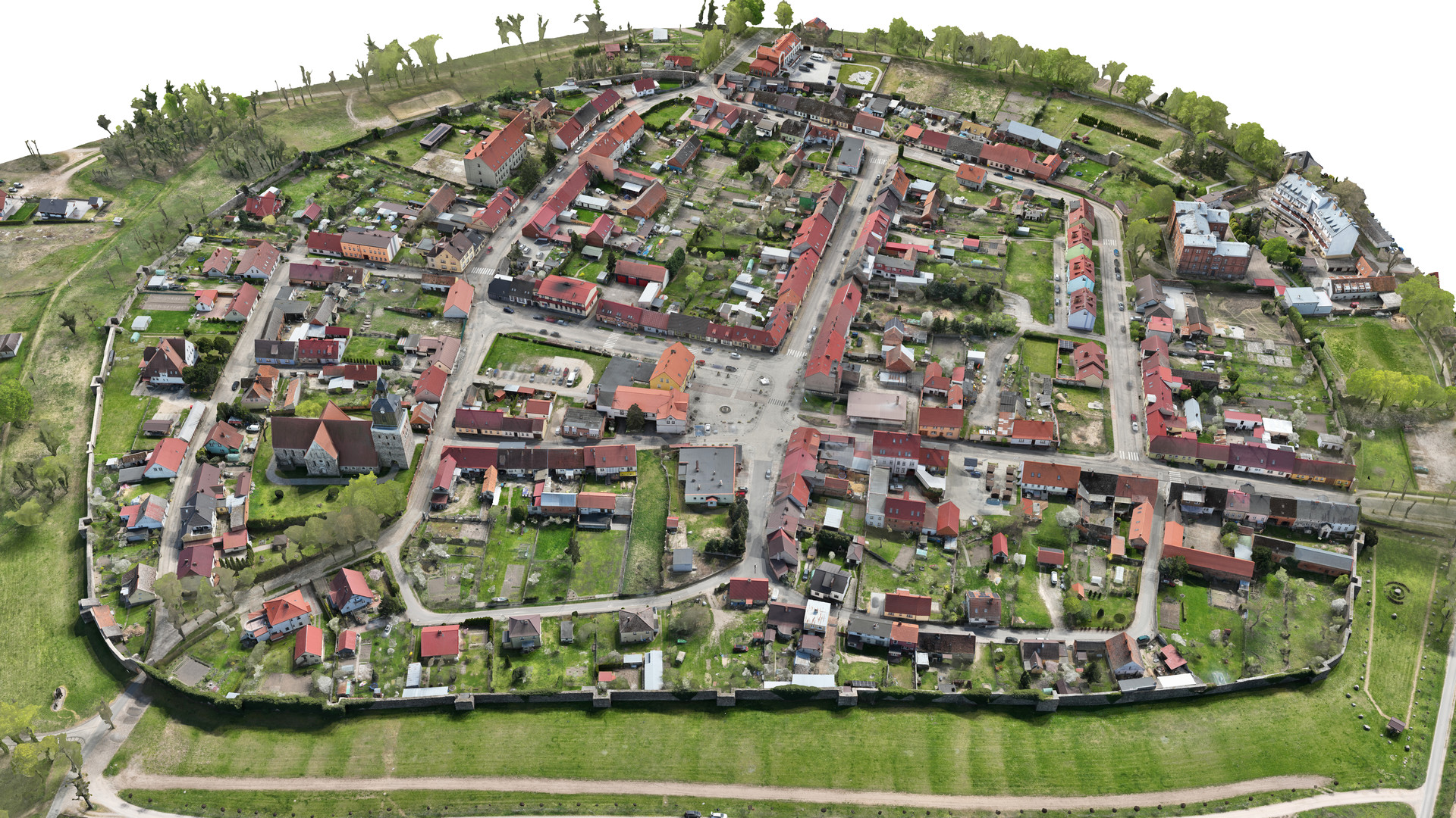 Widok modelu ruin zamku wraz półwyspem z perspektywy ptasiej od strony północnej.