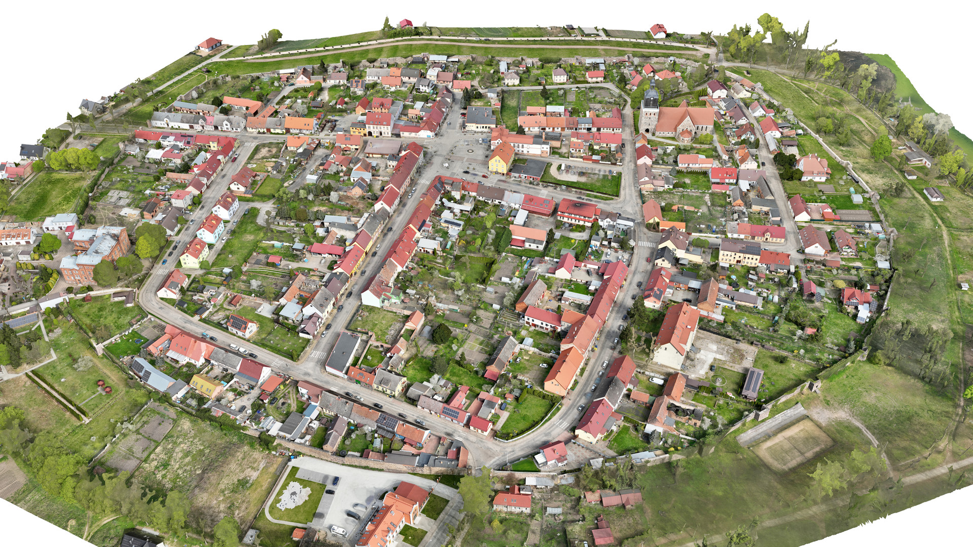 Widok modelu ruin zamku wraz półwyspem z perspektywy ptasiej od strony południowej.