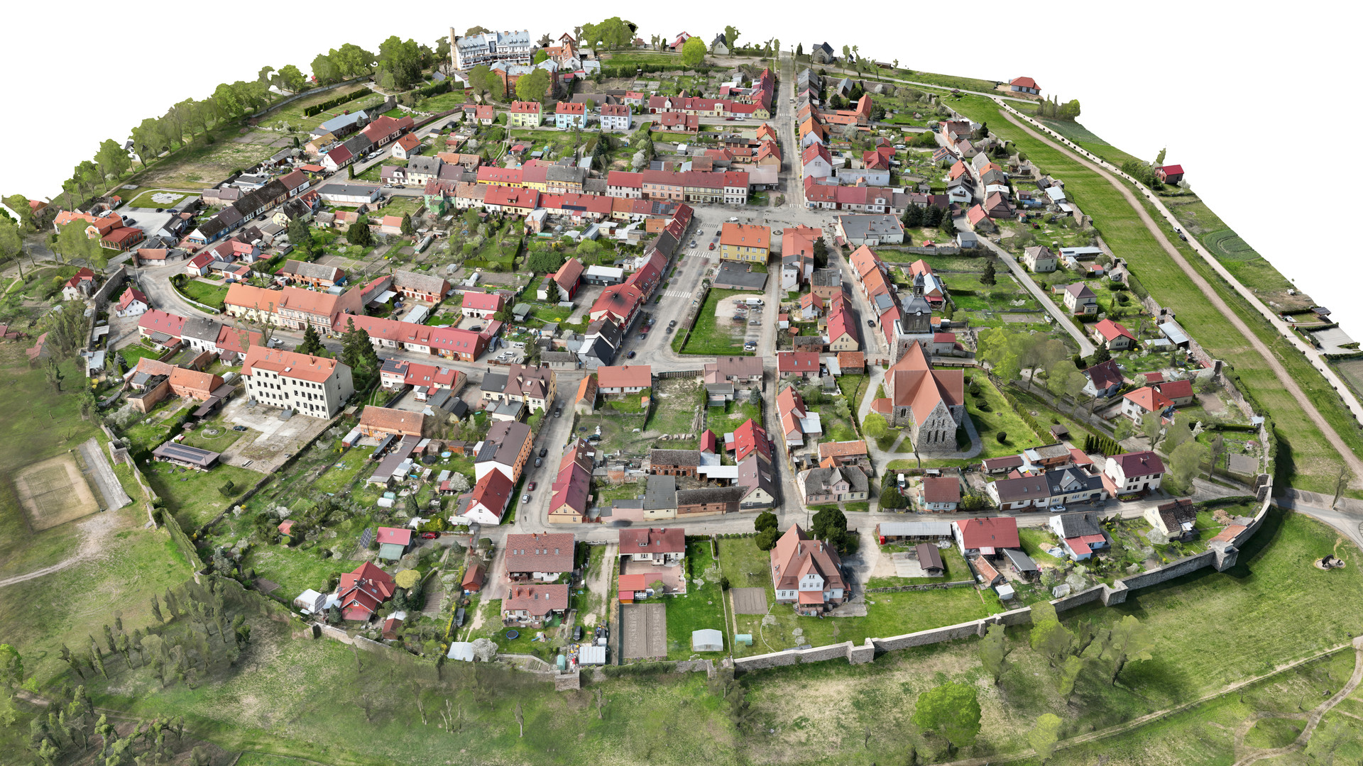 Widok modelu ruin zamku wraz półwyspem z perspektywy ptasiej od strony wschodniej.