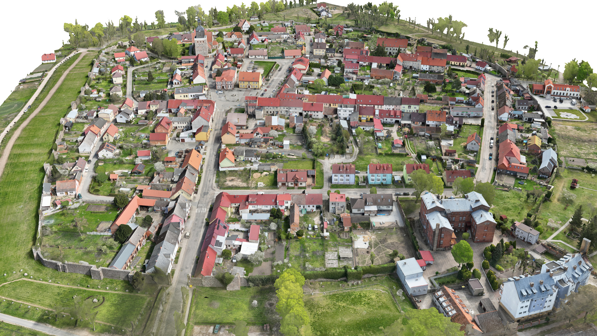 Widok modelu ruin zamku wraz półwyspem z perspektywy ptasiej od strony zachodniej.