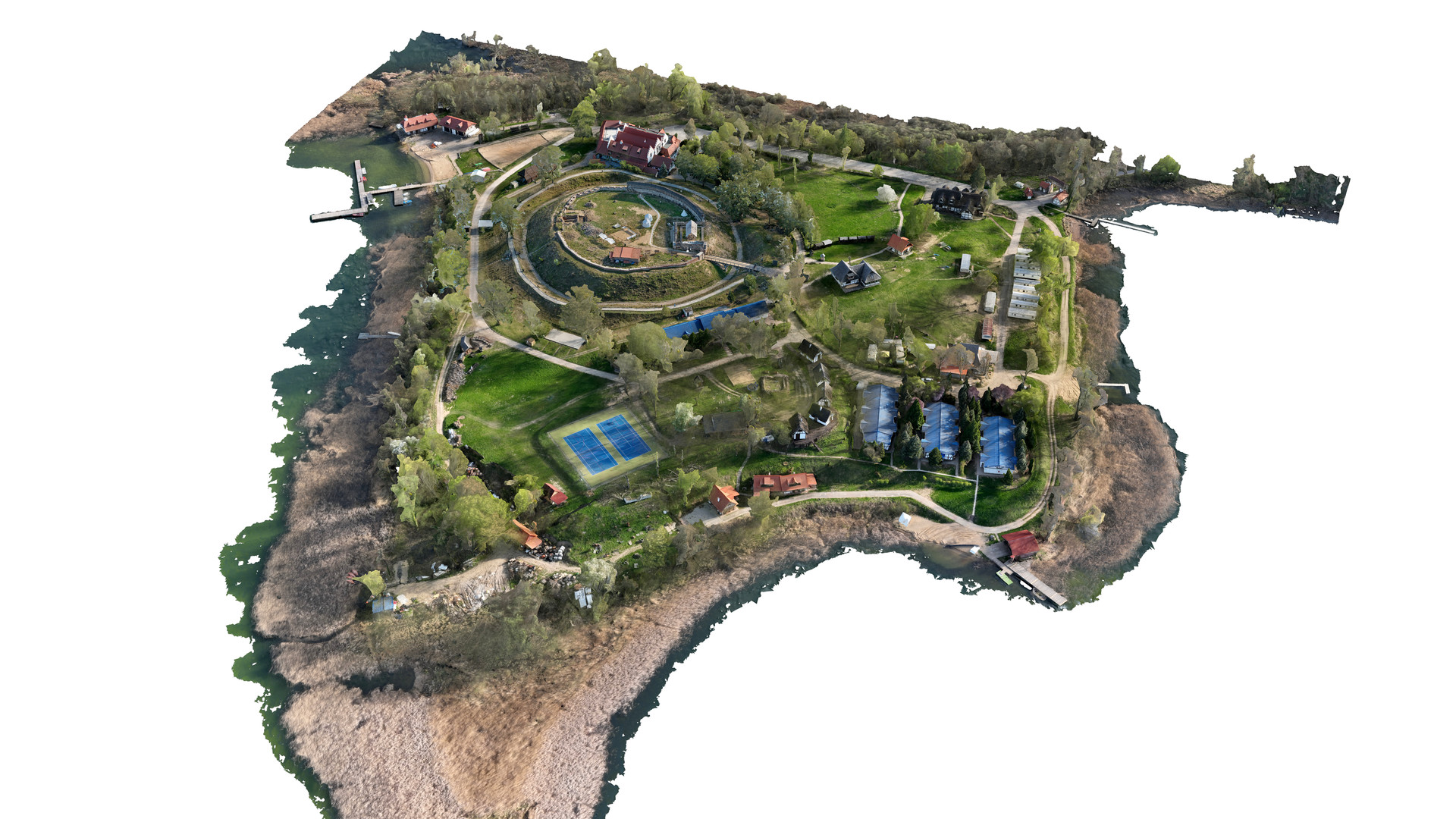 Widok modelu ruin zamku wraz półwyspem z perspektywy ptasiej od strony północnej.