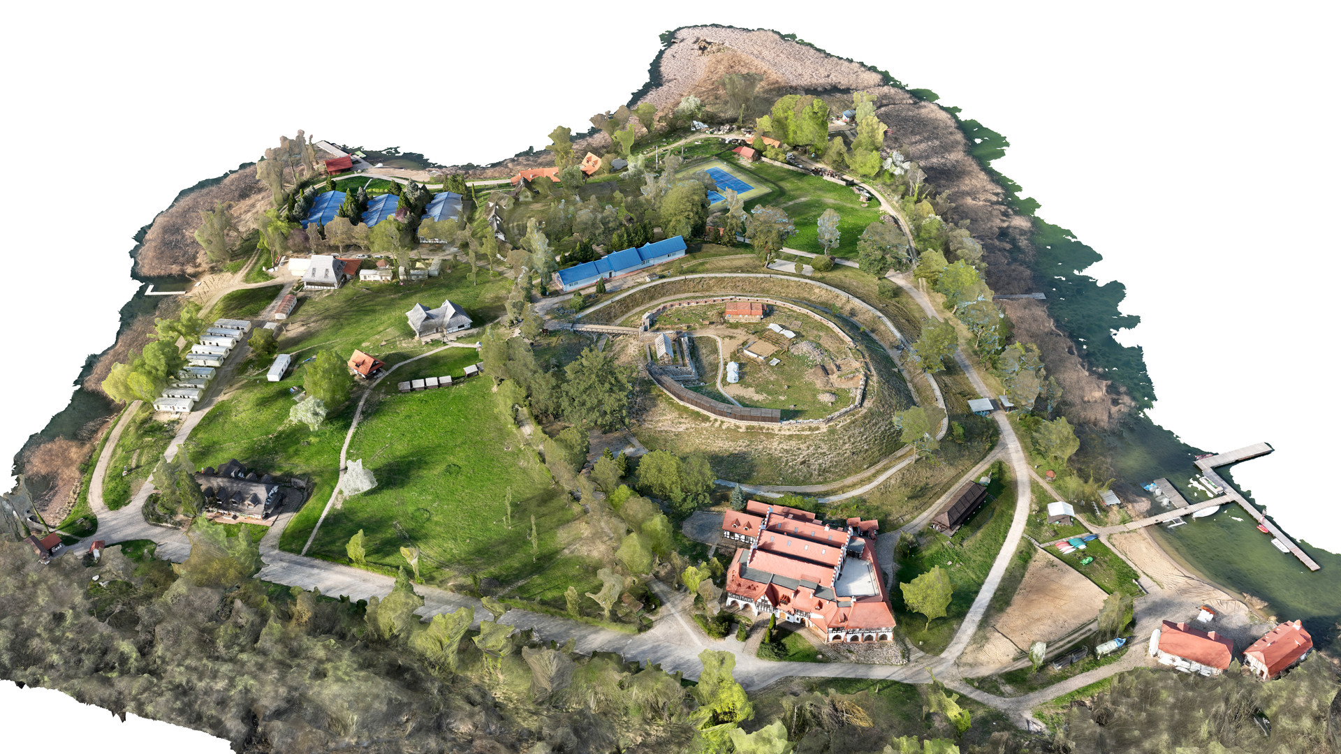 Widok modelu ruin zamku wraz półwyspem z perspektywy ptasiej od strony południa.