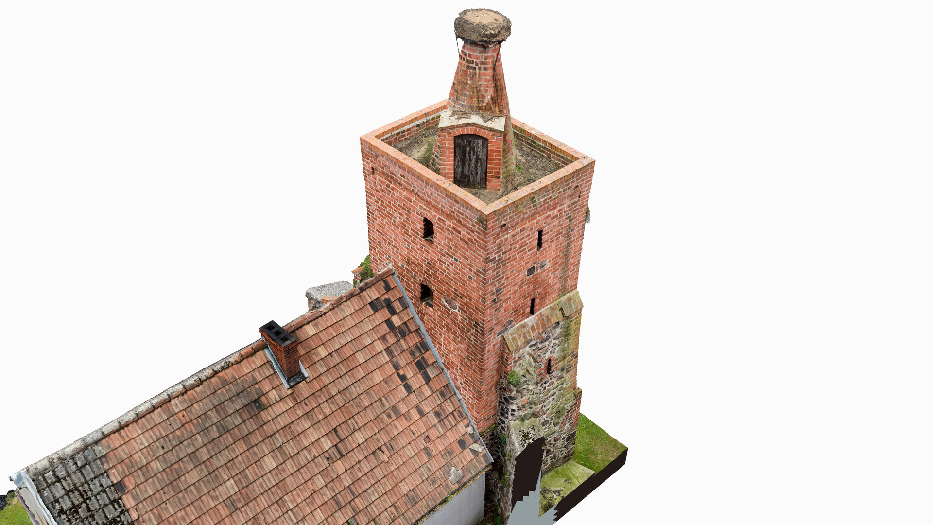 Widok modelu Baszty Bocianiej z perspektywy ptasiej od strony wschodniej.