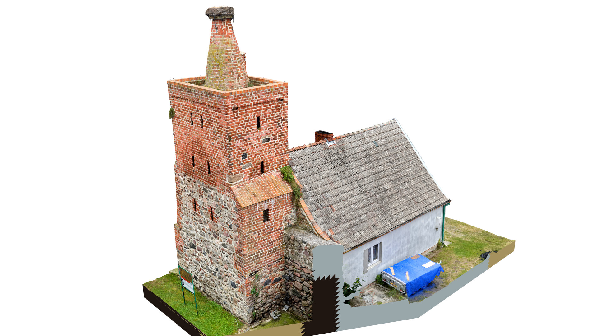 Widok modelu Baszty Bocianiej z perspektywy ptasiej od strony zachodniej.