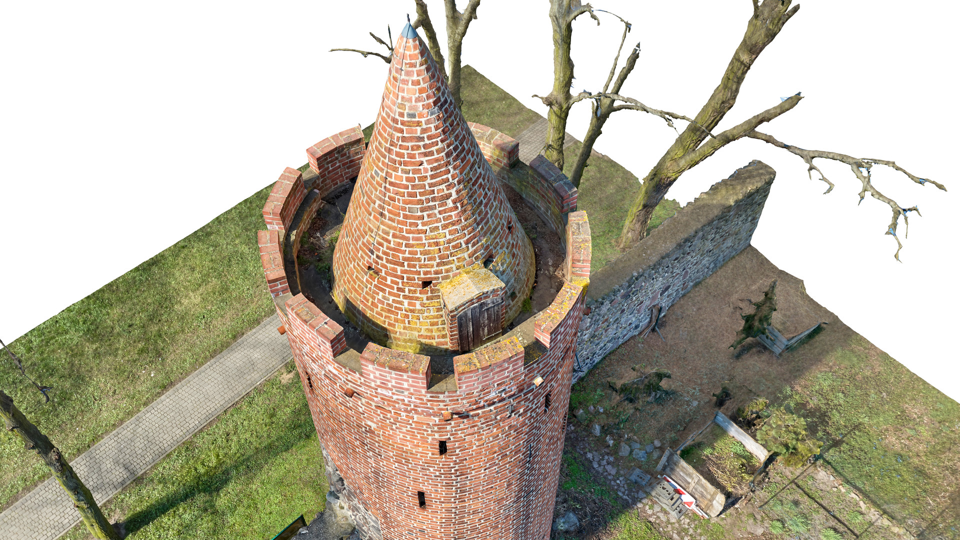 Widok modelu Baszty Prochowej z perspektywy ptasiej od strony południowo-wschodniej.