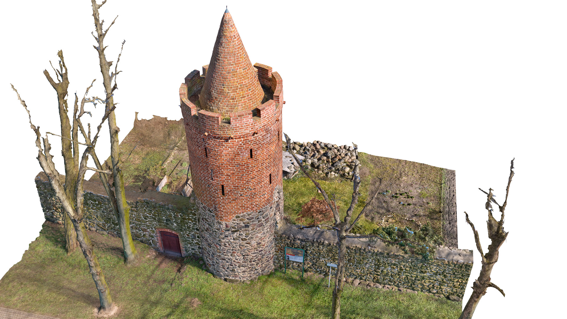 Widok modelu Baszty Prochowej z perspektywy ptasiej od strony południowo-zachodniej.