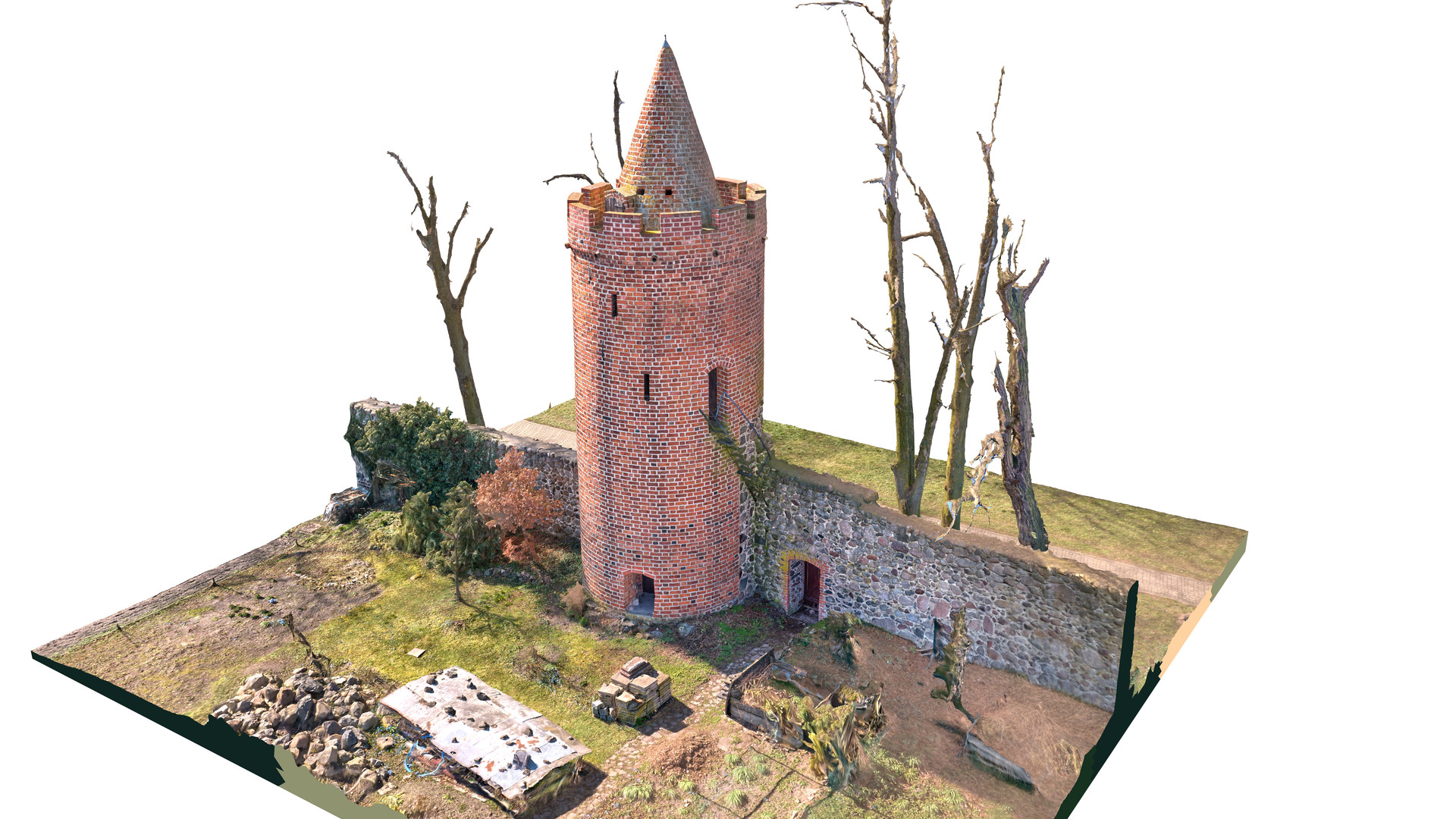 Widok modelu Baszty Prochowej z perspektywy ptasiej od strony północno-wschodniej.