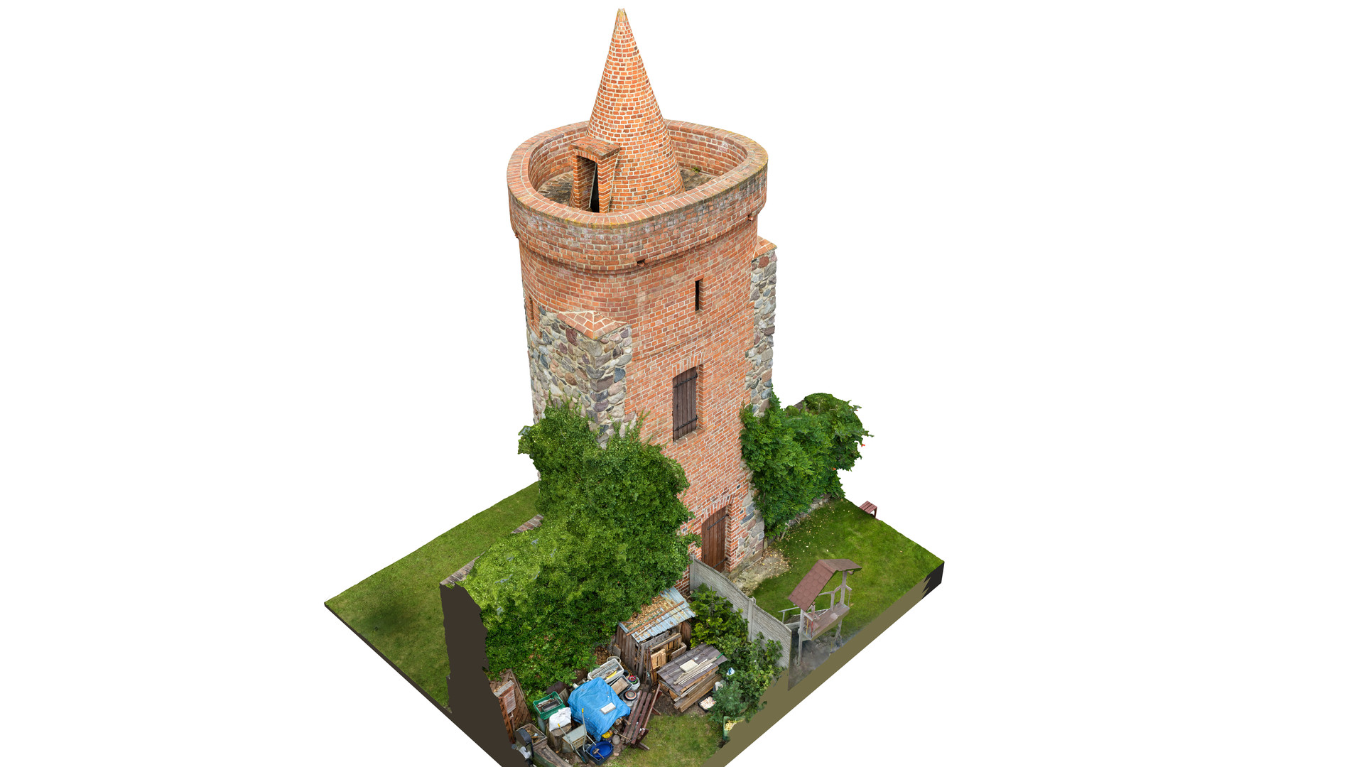 Widok modelu Baszty Zachodniej z perspektywy ptasiej od strony południowo-wschodniej.