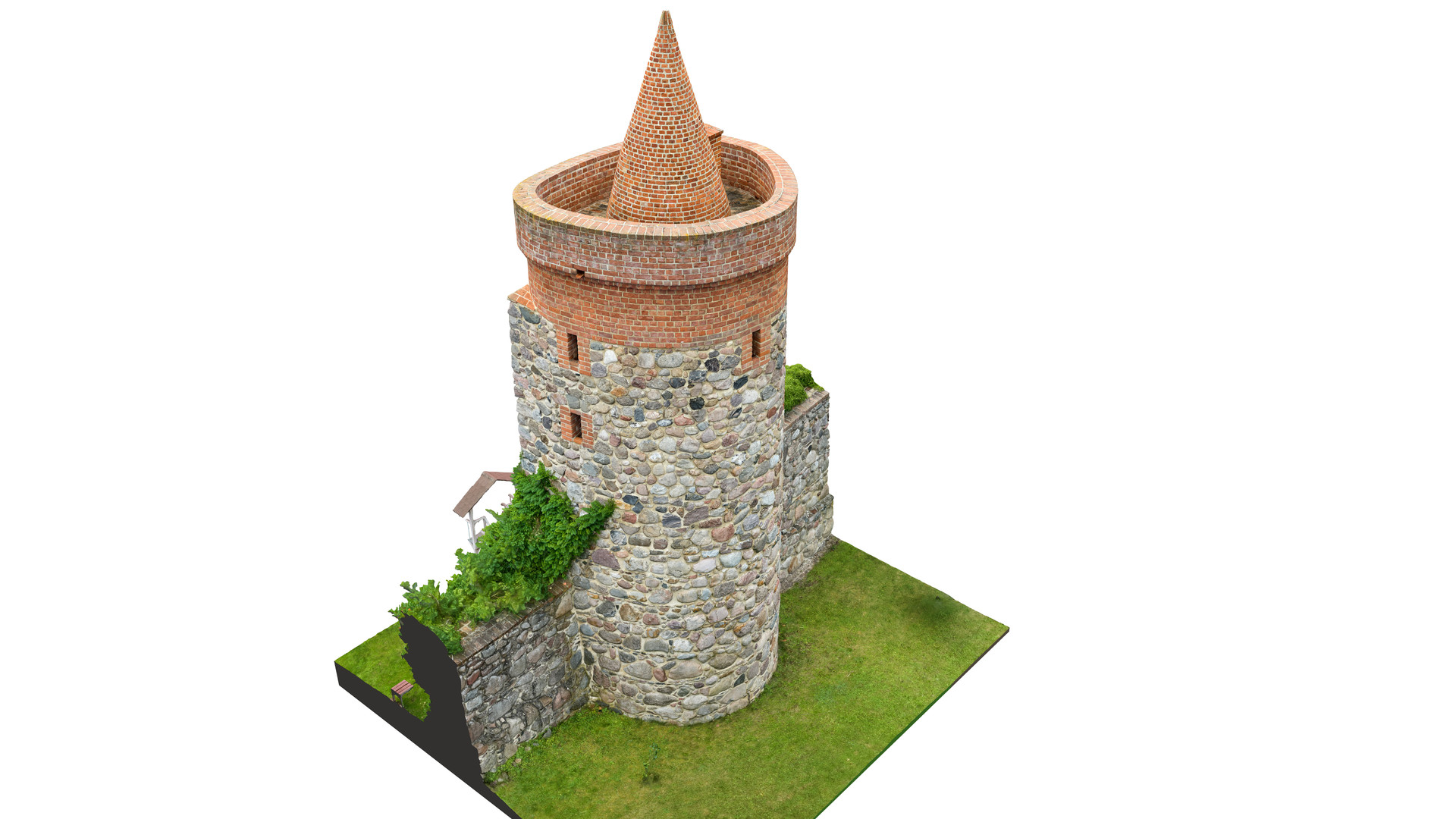 Widok modelu Baszty Zachodniej z perspektywy ptasiej od strony północno-zachodniej.