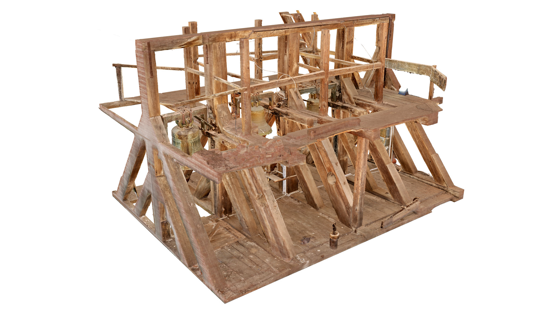 Widok wsporczej konstrukcji ciesielskiej dla zestawu 3 dzwonów, tak zwanego 'kozła'. Widok od strony południowo-zachodniej.