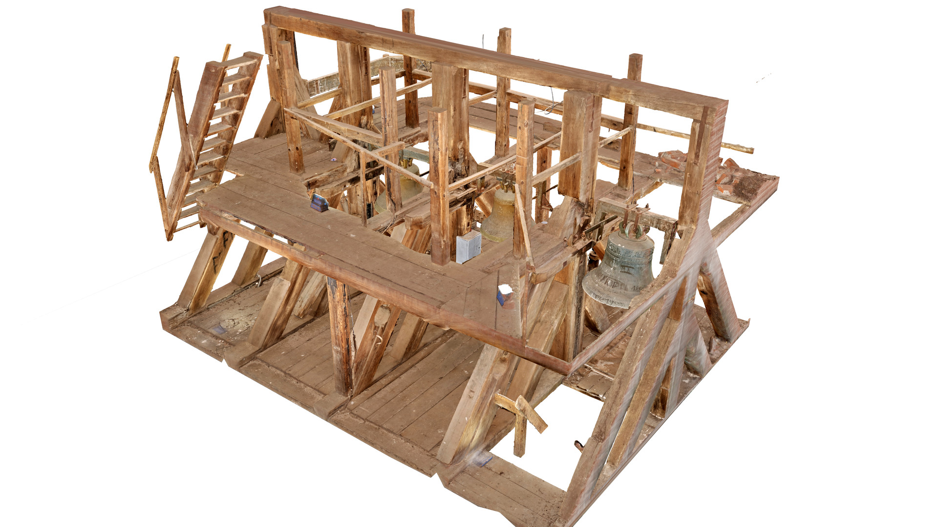 Widok wsporczej konstrukcji ciesielskiej dla zestawu 3 dzwonów, tak zwanego 'kozła'. Widok od strony północno-zachodniej.