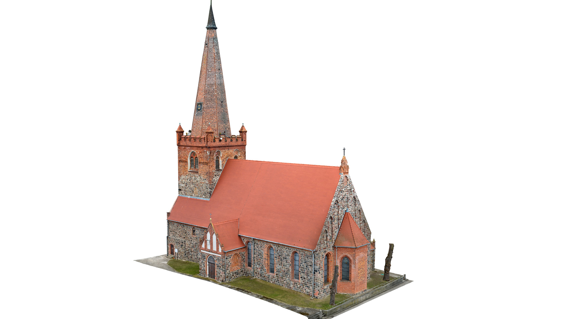 Widok modelu kościoła z perspektywy ptasiej od stromy południowo-wschodniej.