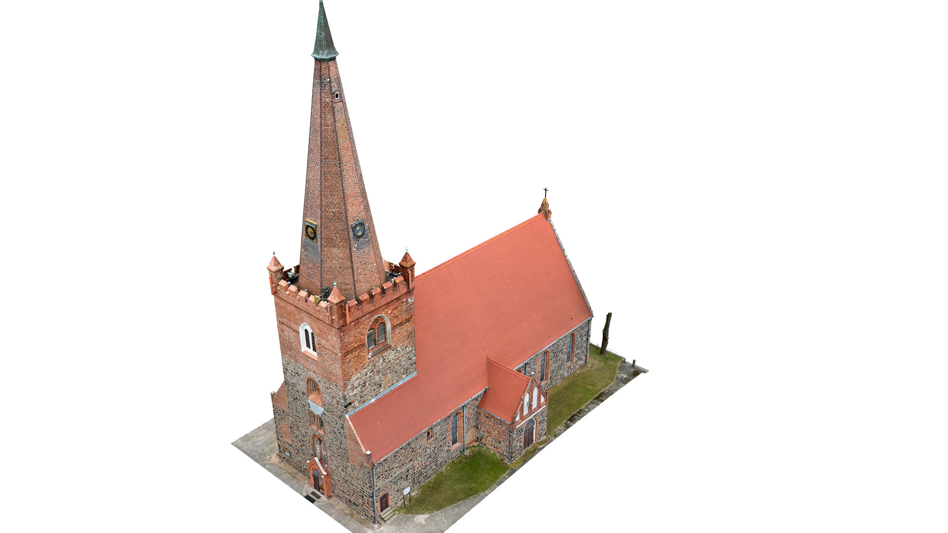 Widok modelu kościoła z perspektywy ptasiej od stromy południowo-zachodniej.