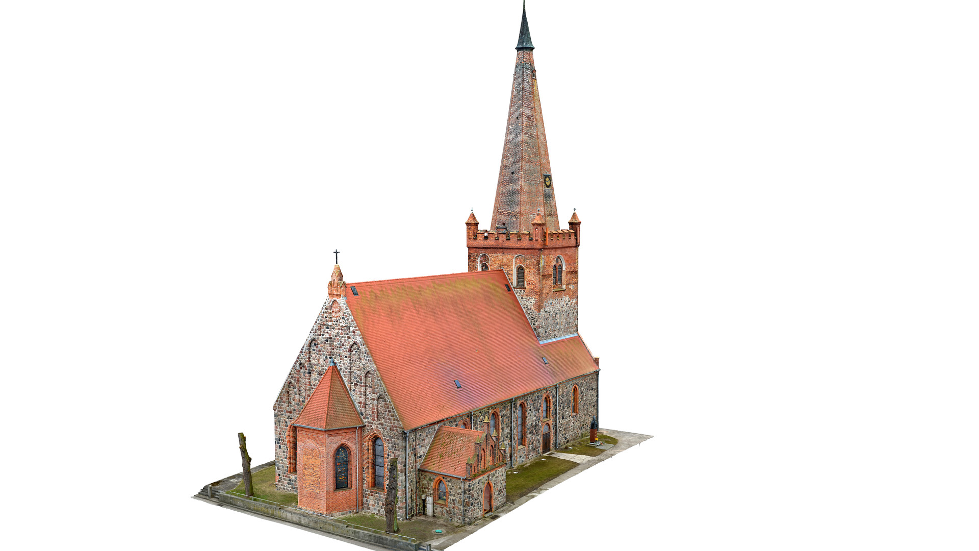 Widok modelu kościoła z perspektywy ptasiej od stromy północno-wschodniej.