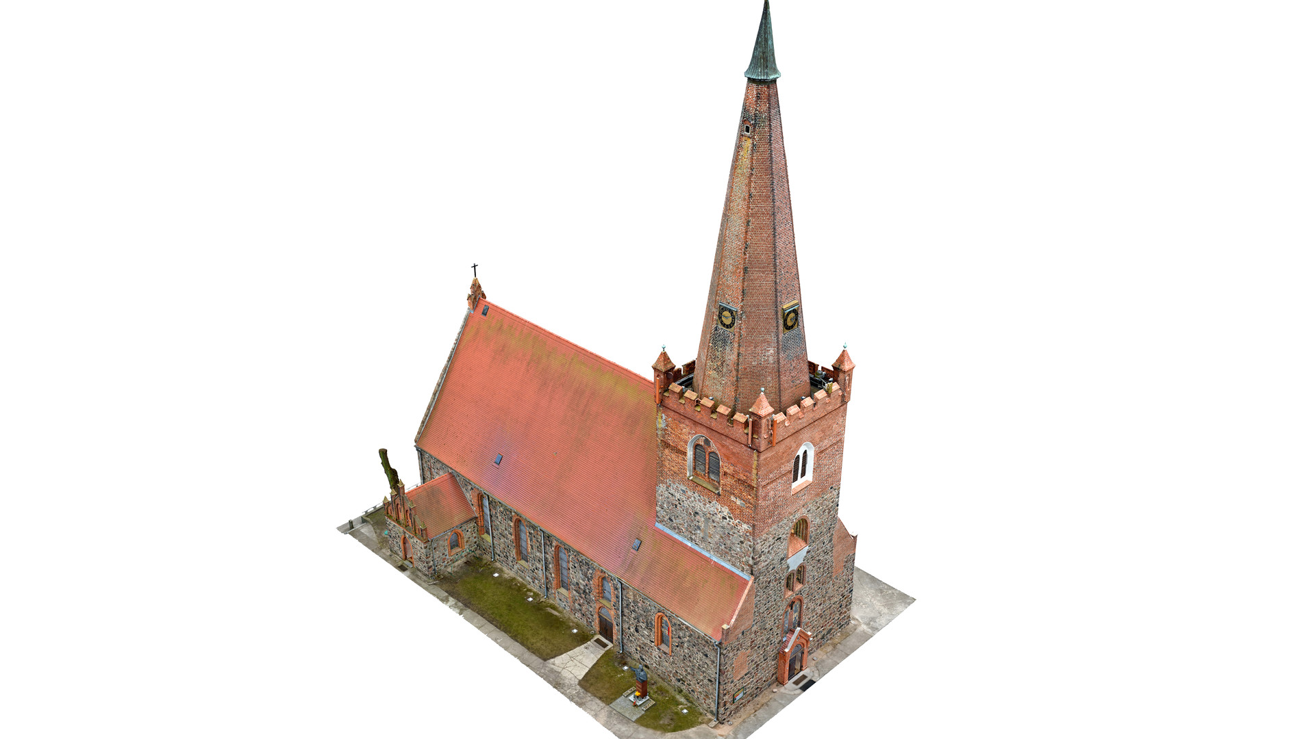 Widok modelu kościoła z perspektywy ptasiej od stromy północno-zachodniej.