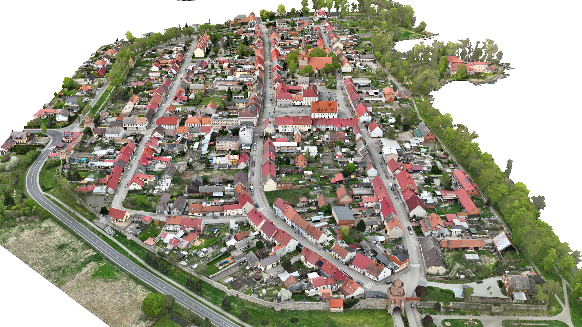 Widok modelu miasta z perspektywy ptasiej od strony południowej.