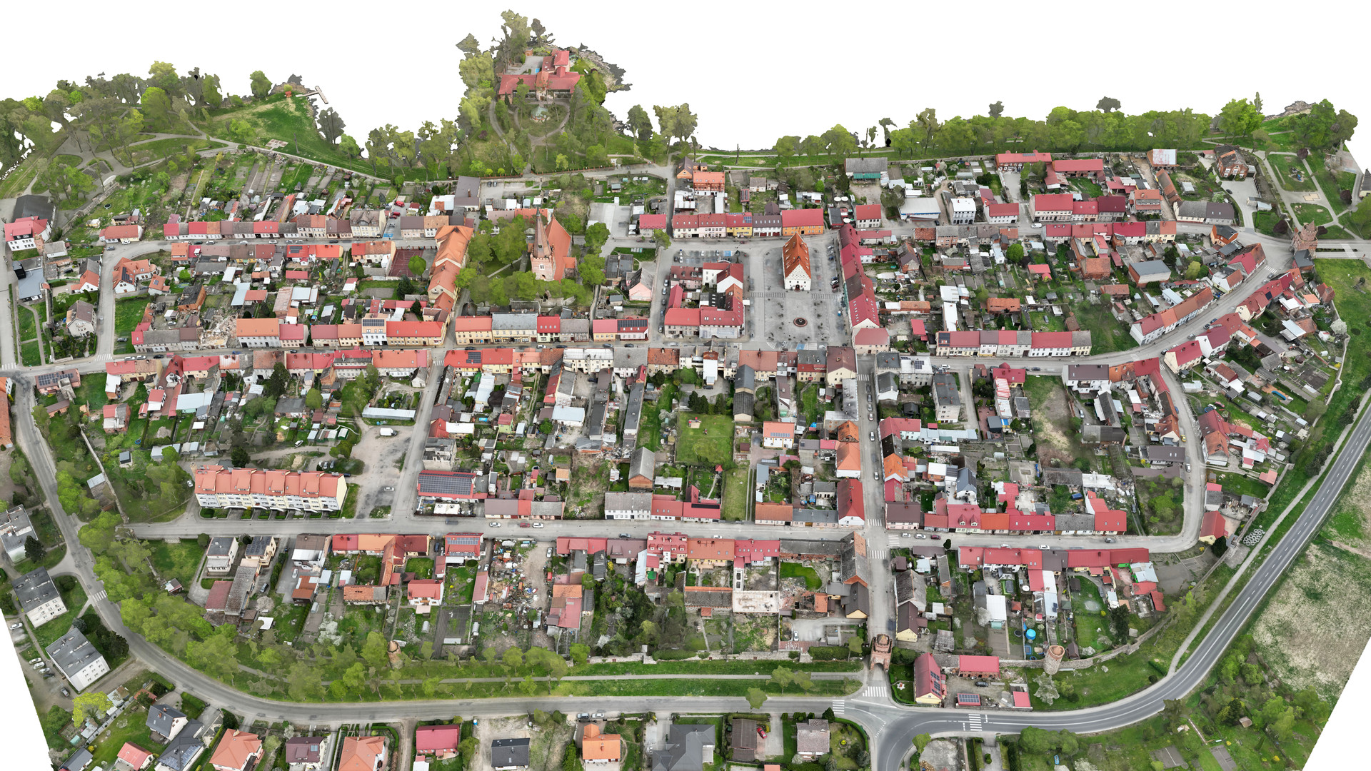 Widok modelu miasta z perspektywy ptasiej od strony zachodniej.