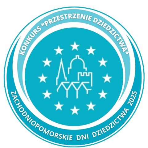 Powiększ obraz: niebieskie półokręgi z napisem Konkurs Przestrzenie dziedzictwa - Zachodniopomorskie Dni Dziedzictwa 2025, w środku rysunek budynków otoczonych gwiazdami - tworzące logo konkursu
